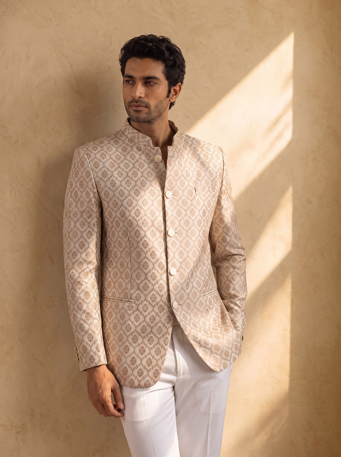 Ivory Gold Printed bandhgala jacket